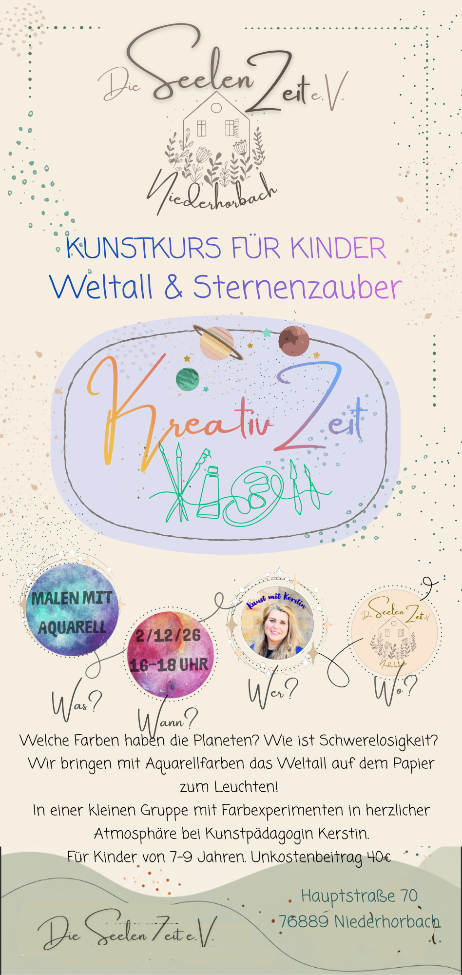Flyer: Kunstkurs für Kinder – Weltall & Sternenzauber am 2. Dezember 2026